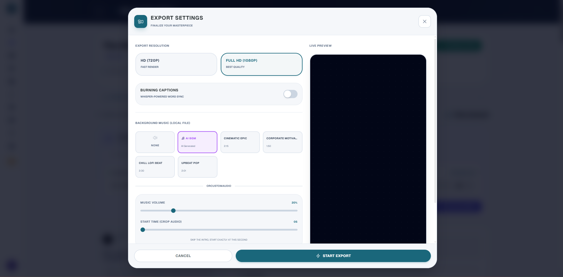 Merge & Export Video Audio Subtitle rendering Modal